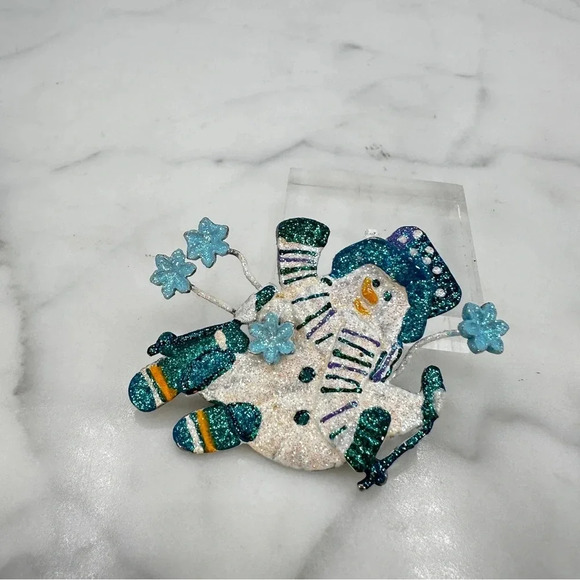 Vintage Snowman Brooch Pin Christmas Frosty Glitter Blue White Winter Ho… - Picture 6 of 9